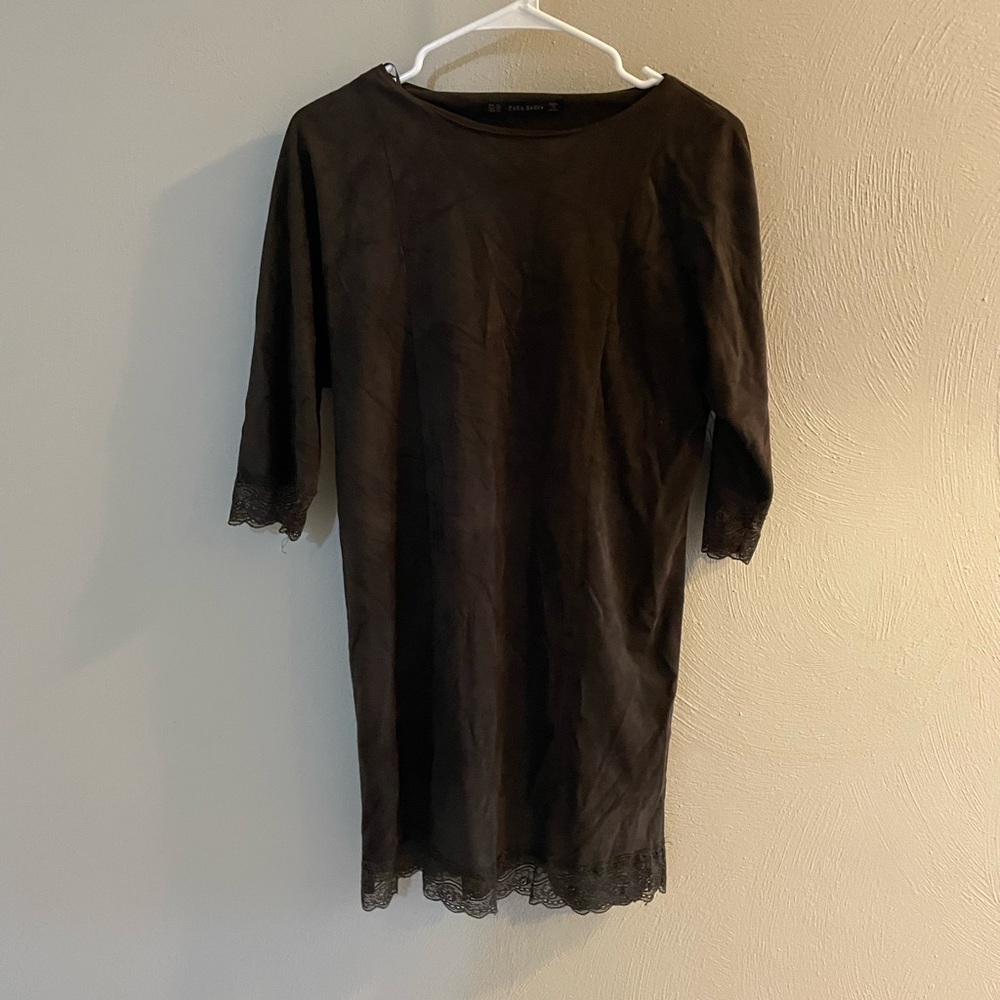 Olive Green Zara Shift Dress Faux Suede with Lace Detailing 3/4 Sleeve